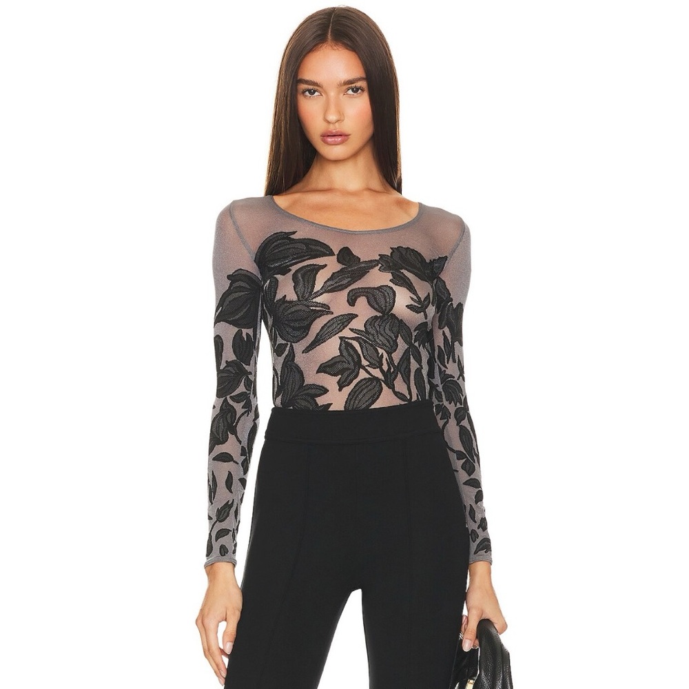 NEW Wolford Body Tattoo String Bodysuit (Sz XS) Sheer Mesh Floral Pewter Black